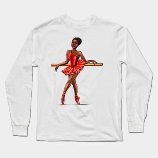 Ballet in red pointe shoes - ballerina at rest - ballerina taking a break  in red tutu and red shoes  - brown skin ballerina Long Sleeve T-Shirt